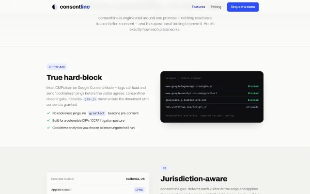 ConsentLine features page showing the True hard-block section alongside a network panel with googletagmanager.com and google-analytics.com blocked before consent, while an allowed cookieless-analytics script loads