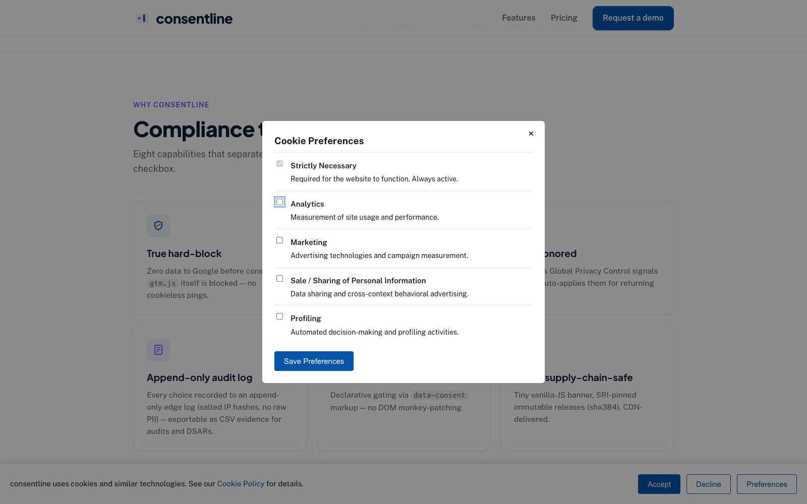 ConsentLine Cookie Preferences panel open, showing five granular consent purposes: Strictly Necessary (always active), Analytics, Marketing, Sale/Sharing of Personal Information, and Profiling