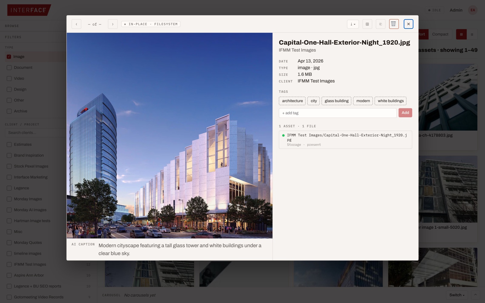 Asset detail view of an architectural rendering with an AI-written caption and tags