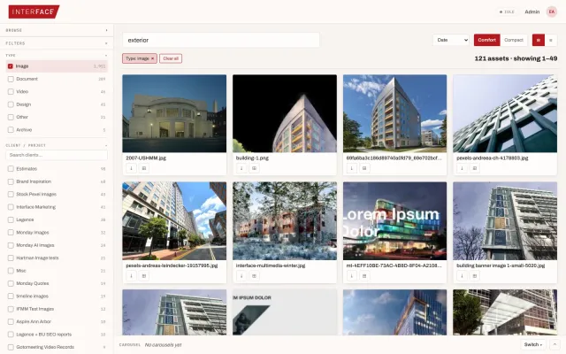 Search results grid in the Interface Digital Asset Management platform, showing architectural imagery with type and project facets